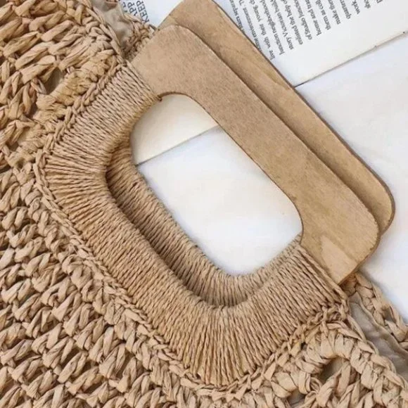 Vacation Vibes khaki straw bag wood handle tote Boho beach - Picture 4 of 8